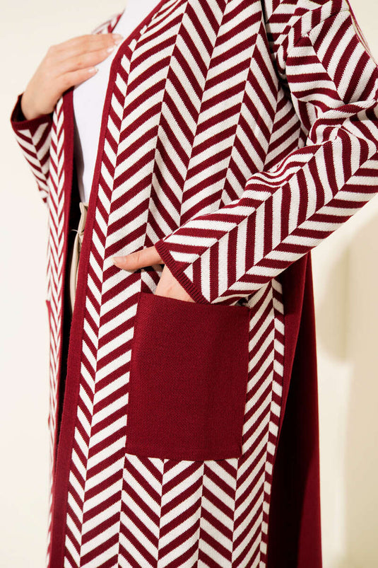 Cardigan long en maille à rayures zigzag bordeaux