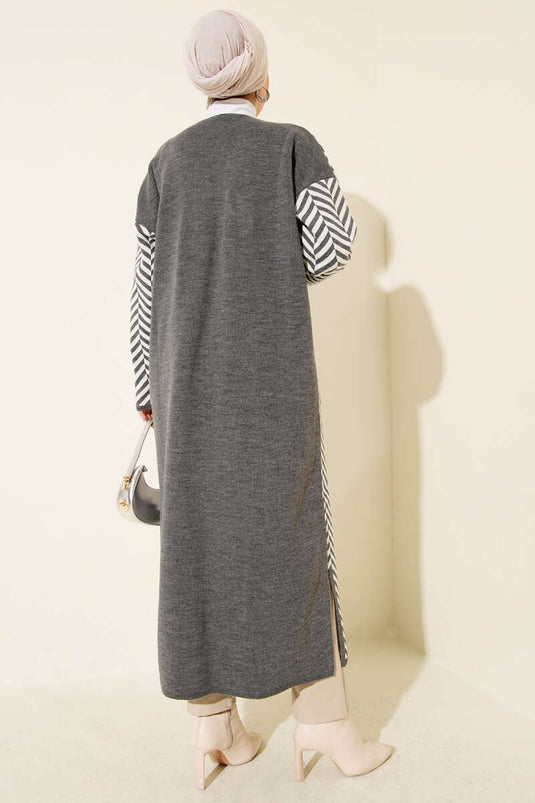 Cardigan long en maille à rayures en zigzag gris blanc