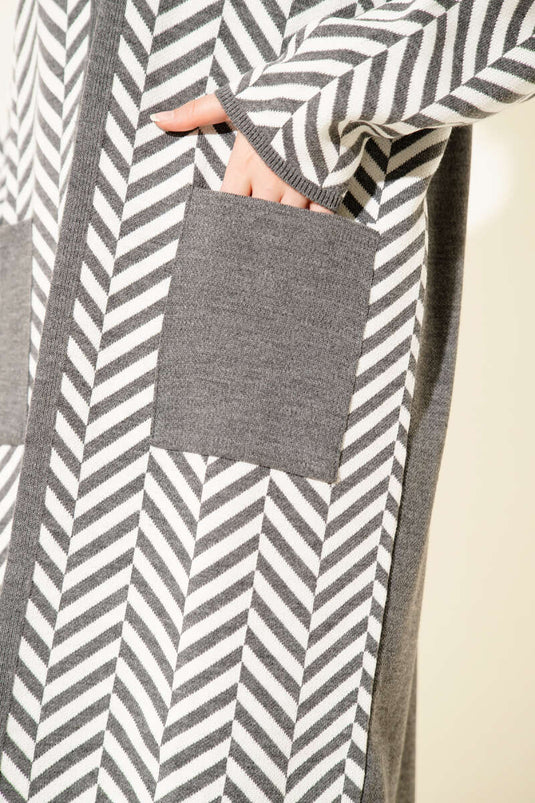 Cardigan long en maille à rayures en zigzag gris blanc