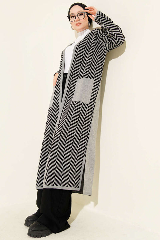 Cardigan long en maille à rayures en zigzag gris noir