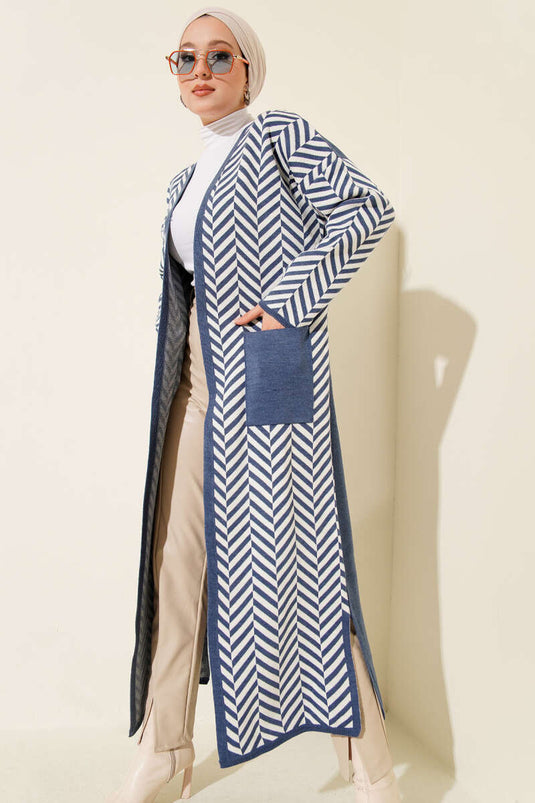 Cardigan long en maille à rayures en zigzag indigo