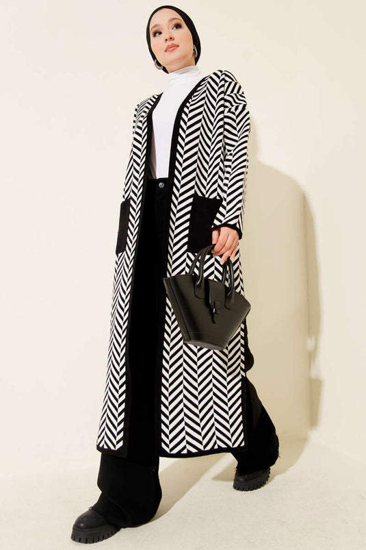 Cardigan long en maille à rayures en zigzag noir