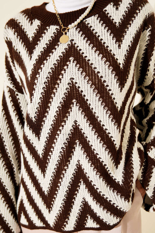Strickpullover mit Zickzackmuster, Kaffee