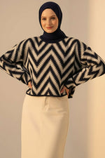 Pull en maille ajourée à motif zigzag bleu marine