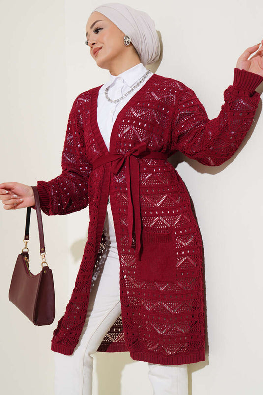 Cardigan en tricot à motif zigzag avec ceinture et trous Rouge bordeaux