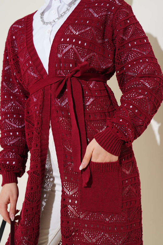 Cardigan en tricot à motif zigzag avec ceinture et trous Rouge bordeaux