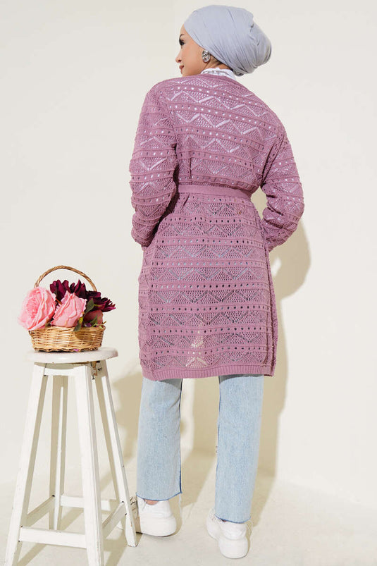 Strickjacke mit Zickzack-Muster, Löchern und Gürtel, Dusty Rose