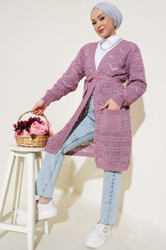 Strickjacke mit Zickzack-Muster, Löchern und Gürtel, Dusty Rose