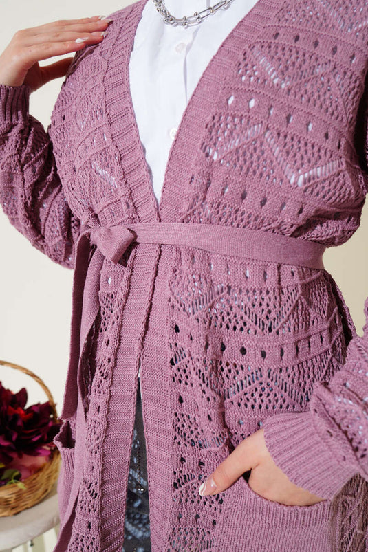 Strickjacke mit Zickzack-Muster, Löchern und Gürtel, Dusty Rose