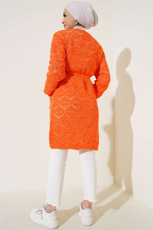 Cardigan en tricot à ceinture et à trous avec motif zigzag orange