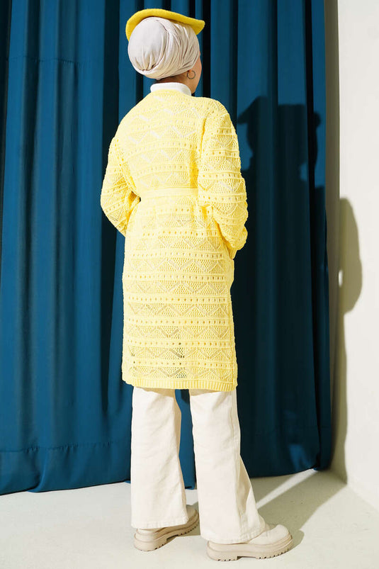 Cardigan en tricot à ceinture perforée à motif zigzag jaune