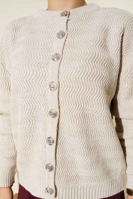 Cardigan en maille boutonnée dorée à motifs zigzag beige