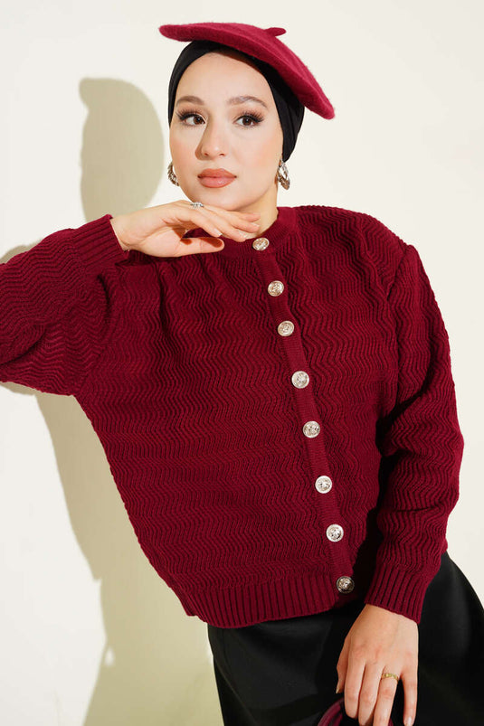 كارديجان محبوك بأزرار ذهبية منقوش متعرجة، لون عنابي