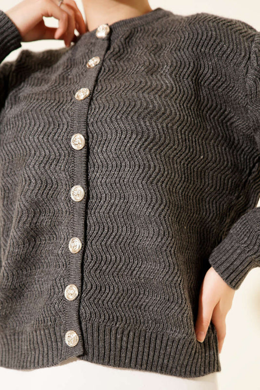 Zigzag Patterned Gold Buttoned Knitwear Cardigan Smoke