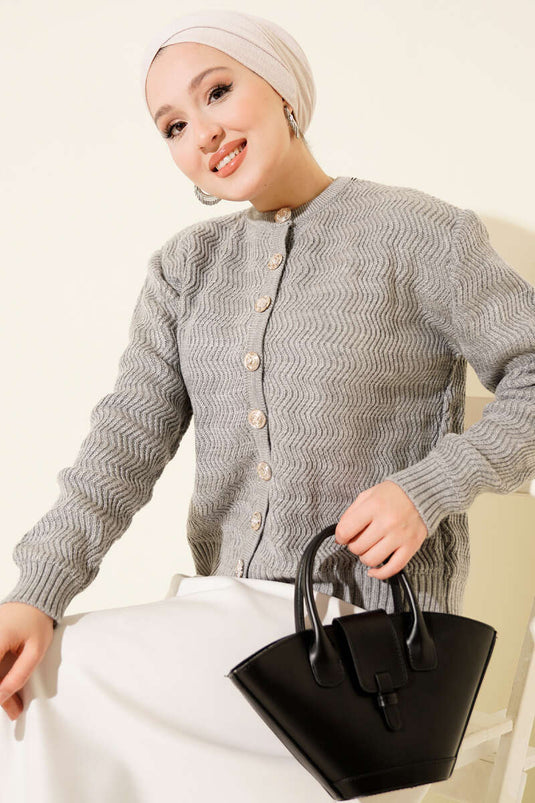 Zigzag Patterned Gold Buttoned Knitted Cardigan Gray