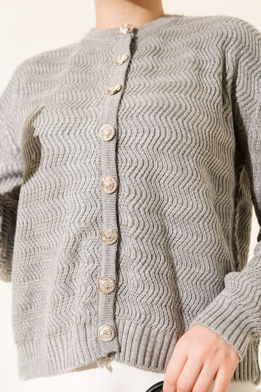 Zigzag Patterned Gold Buttoned Knitted Cardigan Gray