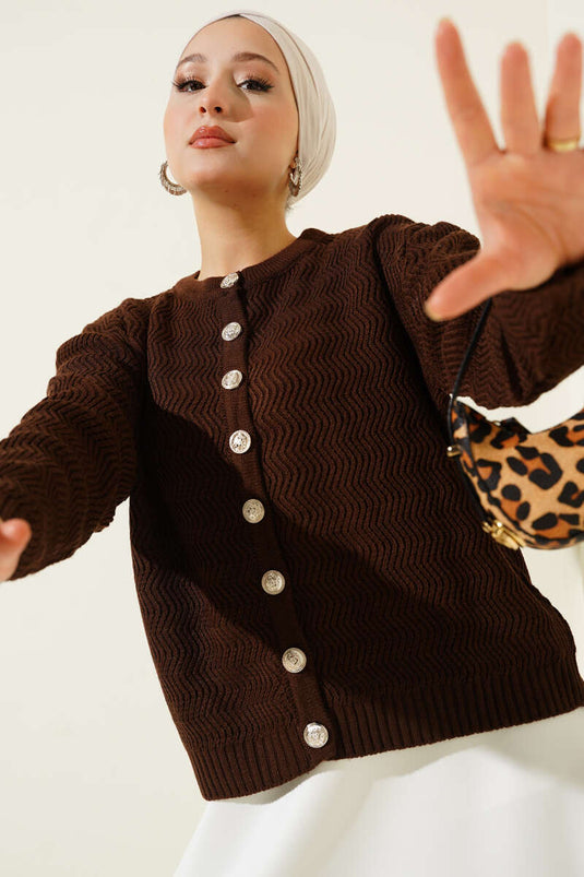 Zigzag Patterned Gold Buttoned Knitwear Cardigan Brown