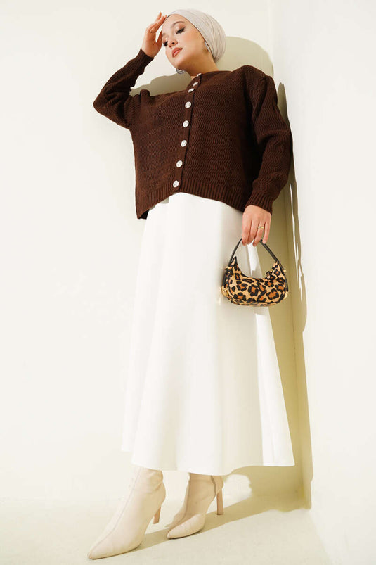 Zigzag Patterned Gold Buttoned Knitwear Cardigan Brown