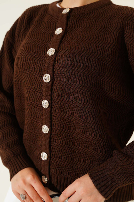 Zigzag Patterned Gold Buttoned Knitwear Cardigan Brown