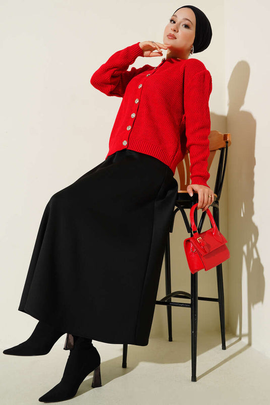 كارديجان محبوك بأزرار ذهبية منقوش متعرج باللون الأحمر