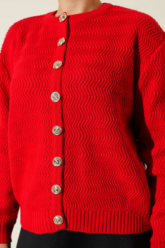 كارديجان محبوك بأزرار ذهبية منقوش متعرج باللون الأحمر