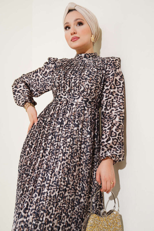 Robe de soirée plissée à motifs zigzag léopard