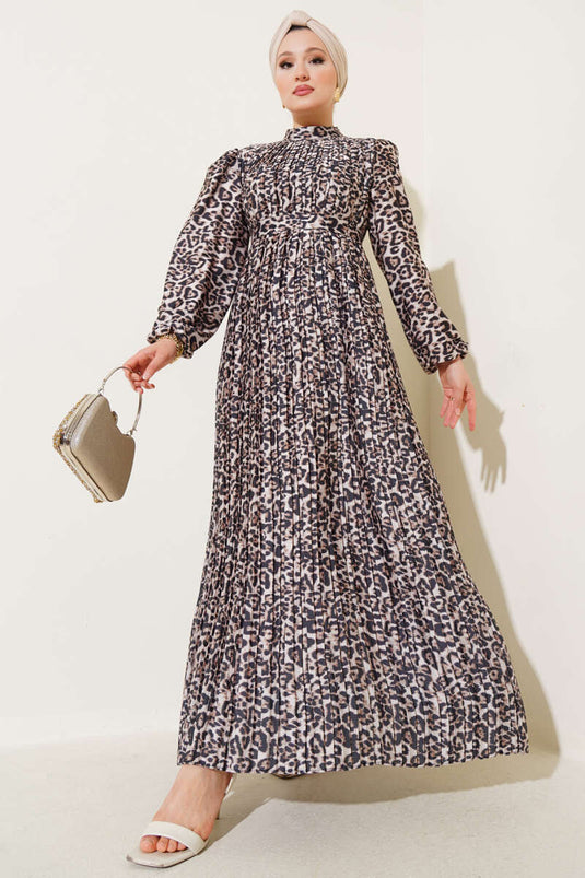 Robe de soirée plissée à motifs zigzag léopard