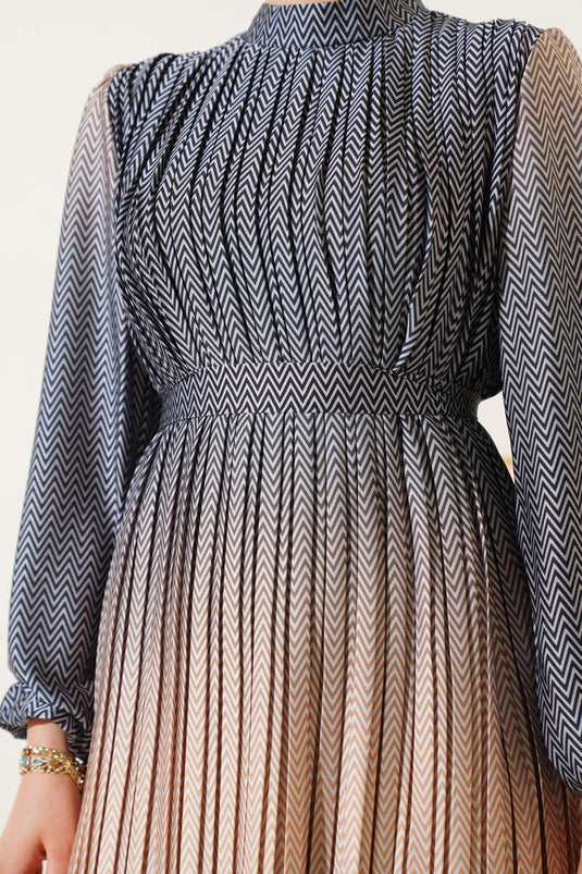 Zigzag Patterned Pleated Evening Dress Black