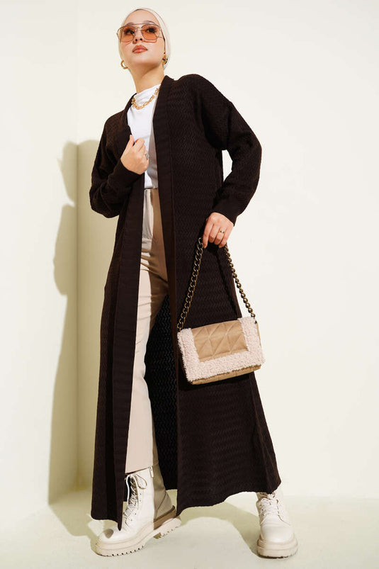 Cardigan lungo in maglia con motivo a zigzag marrone