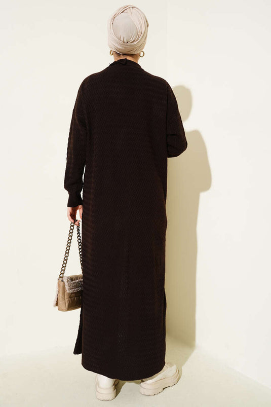 Zigzag Patterned Long Knit Cardigan Brown