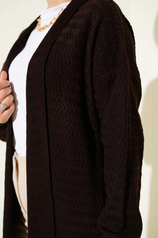 Cardigan lungo in maglia con motivo a zigzag marrone