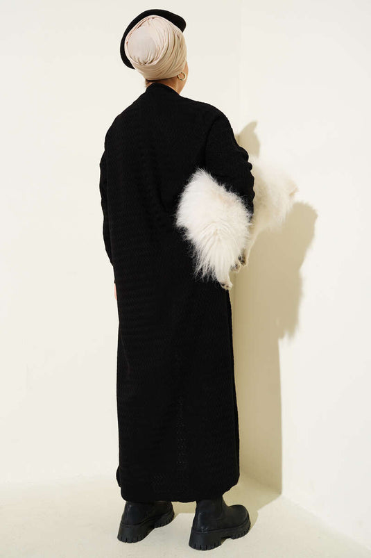 Zigzag Patterned Long Knit Cardigan Black