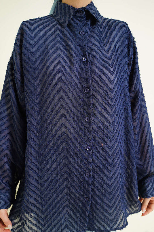 Zigzag Tassel Loose Shirt Navy Blue