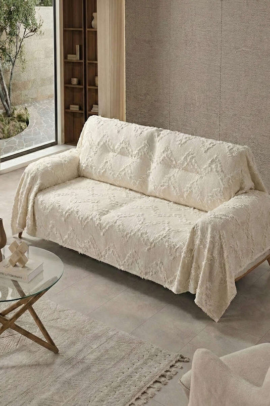 Housse de canapé à franges zigzag beige
