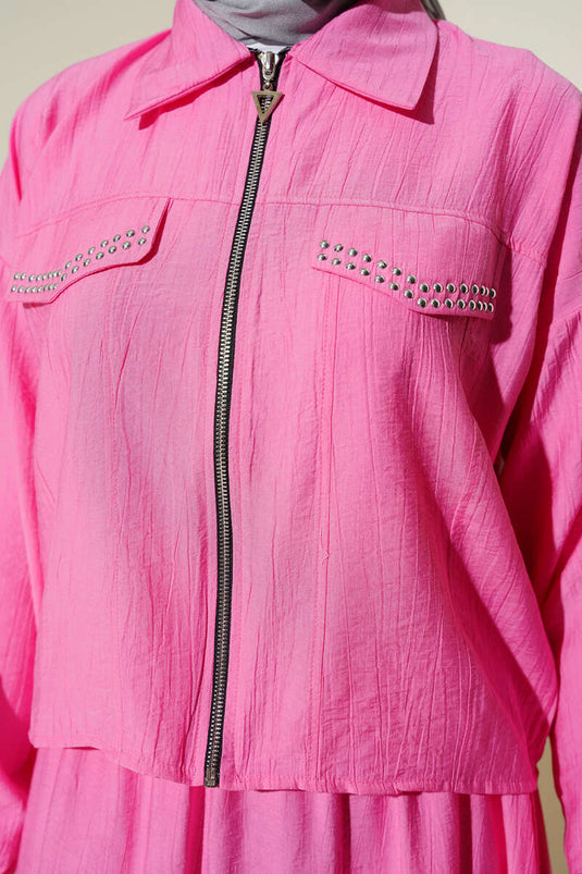 Ensemble deux pièces avec jupe à rabat à poche clouée rose