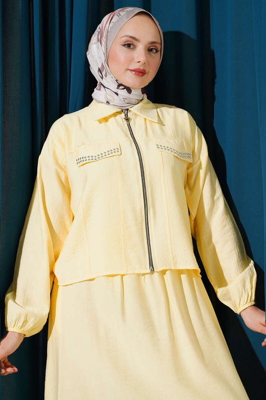 Two-Piece Set with Studded Pocket Flap and Skirt Yellow
