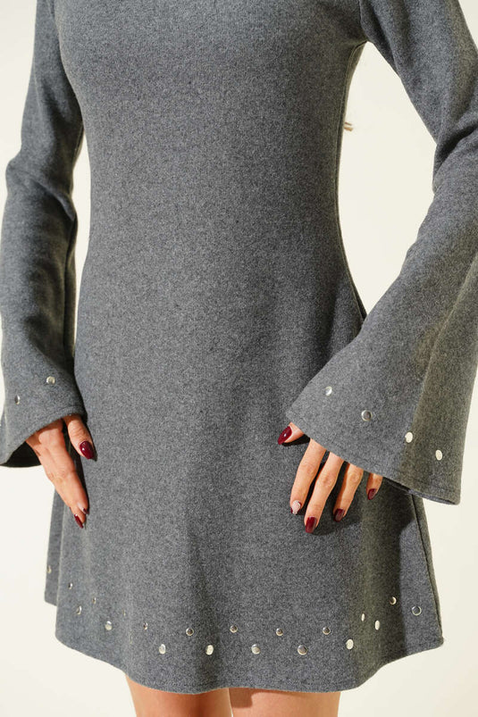 Zımba Detaylı Kaşe Mini Elbise Füme