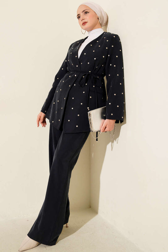 بدلة Tencel من قطعتين مع سترة مرصعة بالمسامير، أزرق داكن