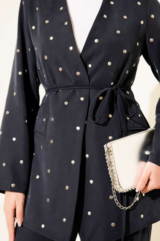 بدلة Tencel من قطعتين مع سترة مرصعة بالمسامير، أزرق داكن