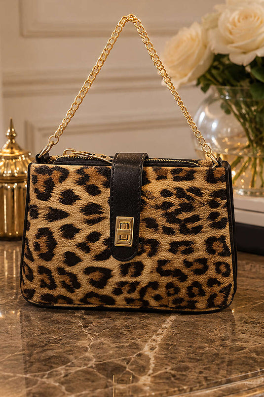 Zincir Aksesuarlı Kilit Detaylı Çanta Leopar