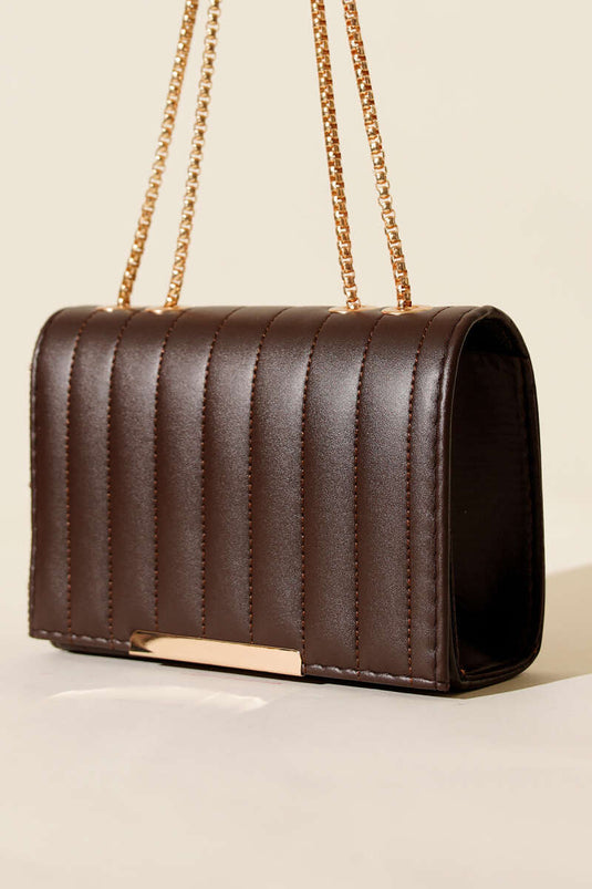 حقيبة مستطيلة بحزام سلسلة، لون بني داكن