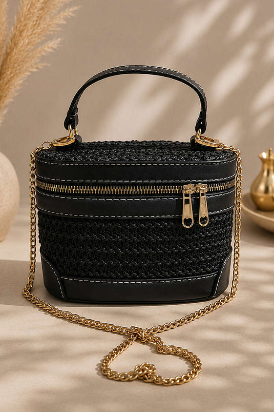 Zincir Askılı Hasır Kutu Çanta Siyah