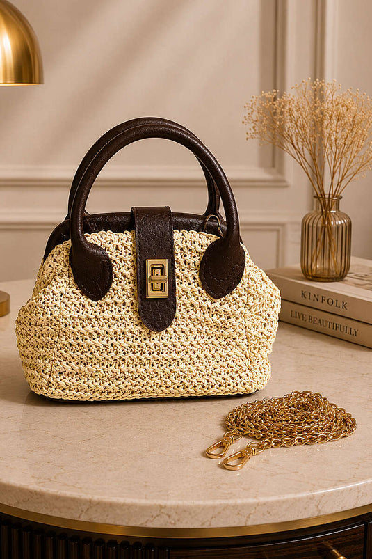 Sac en paille verrouillable à bandoulière chaîne couleur café brûlé