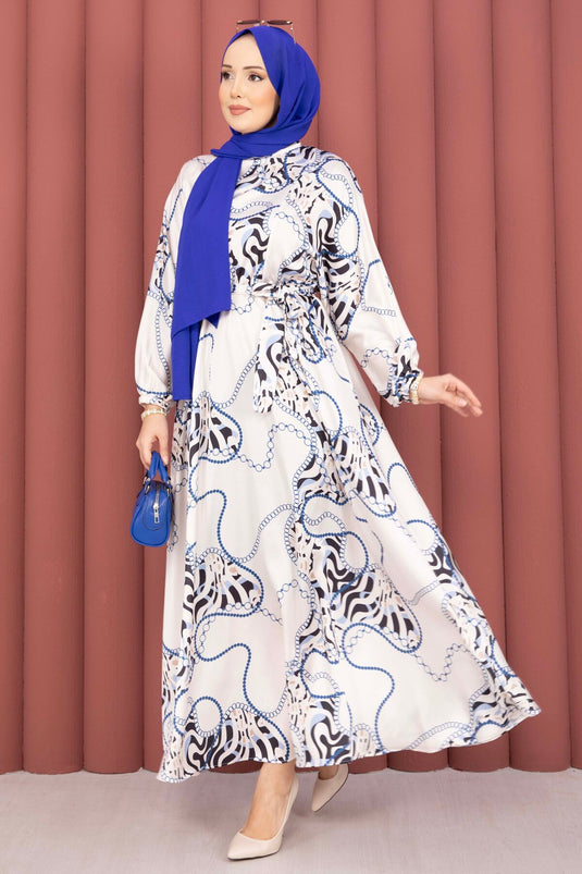 Jurk met kettingpatroon en ceintuur, bescheiden kleding, beige-indigo