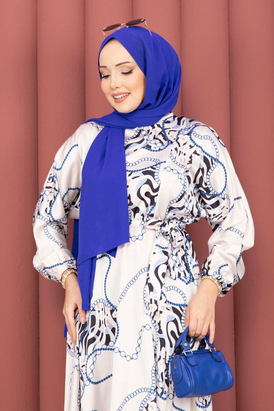 Chain Pattern Belted Modest Dress Beige-Indigo