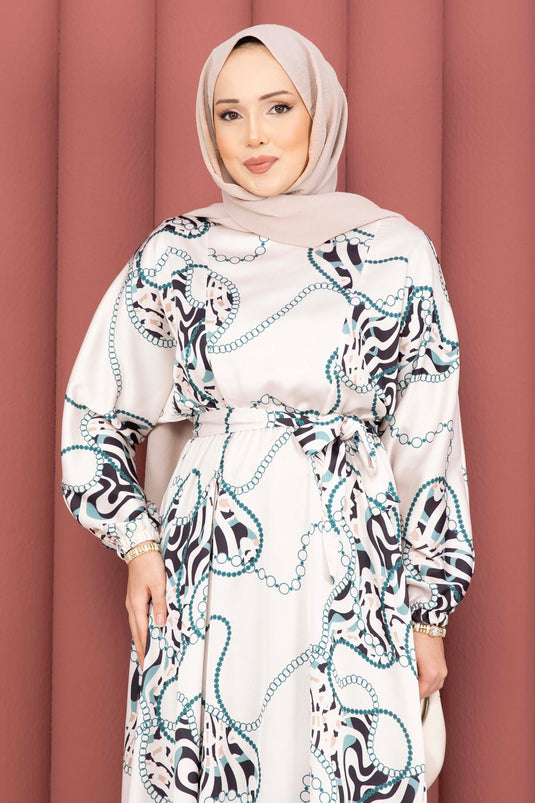 Chain Pattern Belted Modest Dress Beige - Emerald