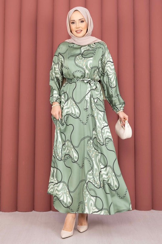 Chain Pattern Belted Modest Dress Khaki