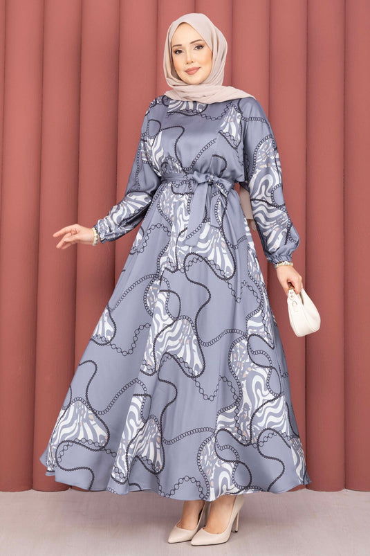 Chain Pattern Belted Modest Dress Indigo