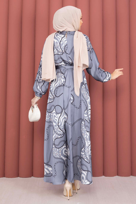 Robe voilée à ceinture à motif chaîne indigo
