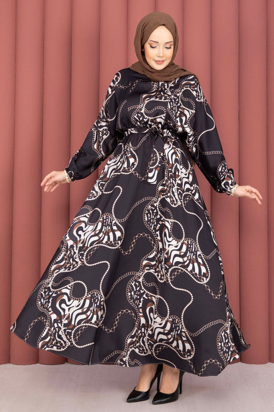 Robe voilée à ceinture à motif chaîne noire